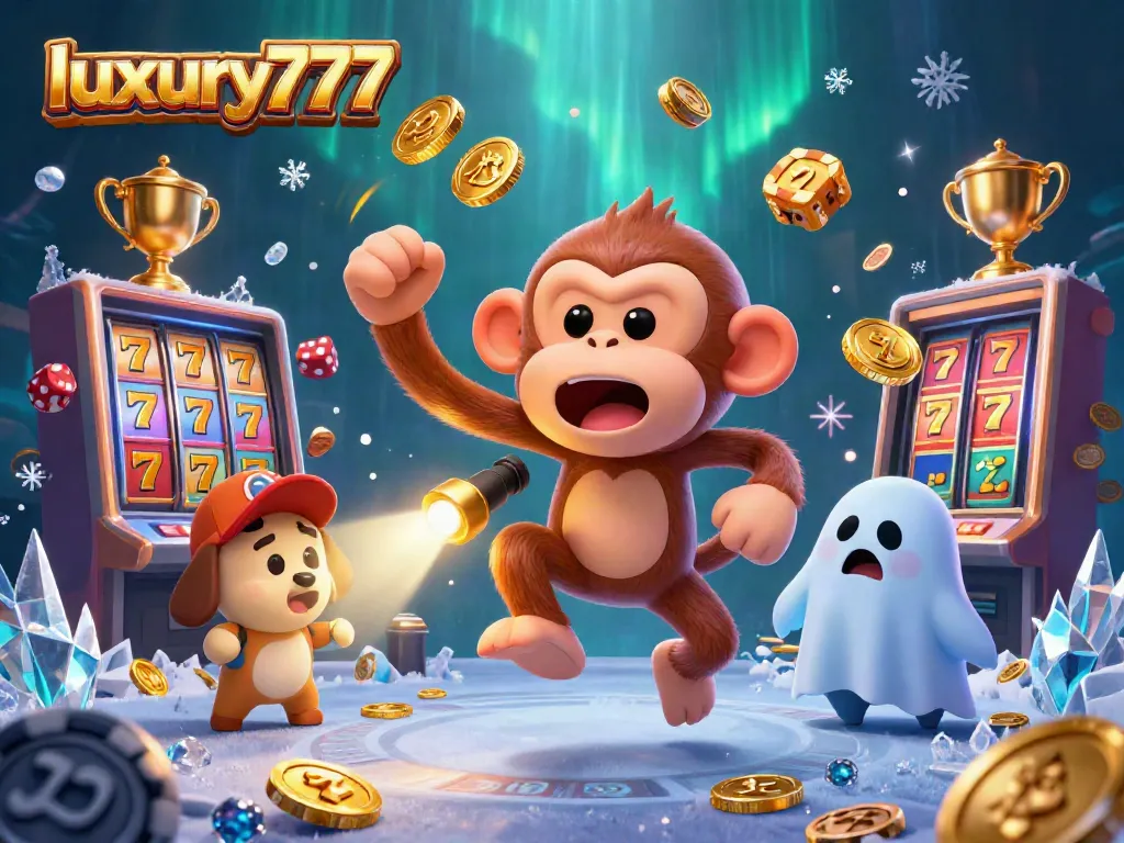 Playfully capturing luxury777's stunning casino atmosphere with a ghostly monkey juggling gold coins