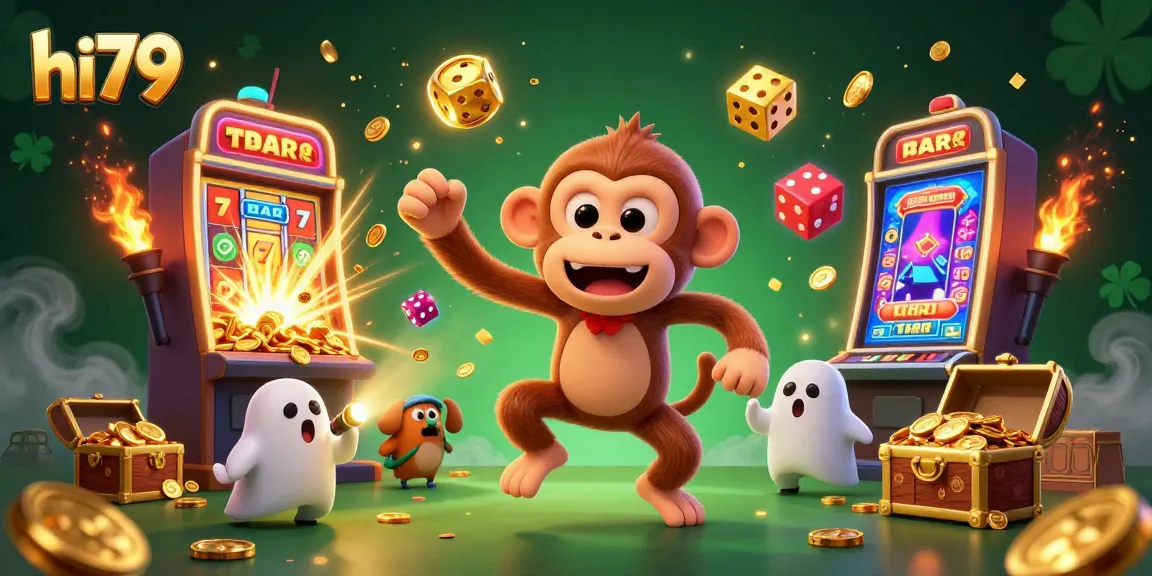 Engage in exciting gaming action at hi79 with a mischievous poltergeist monkey and ghost-hunter puppy in a dynamic casino
