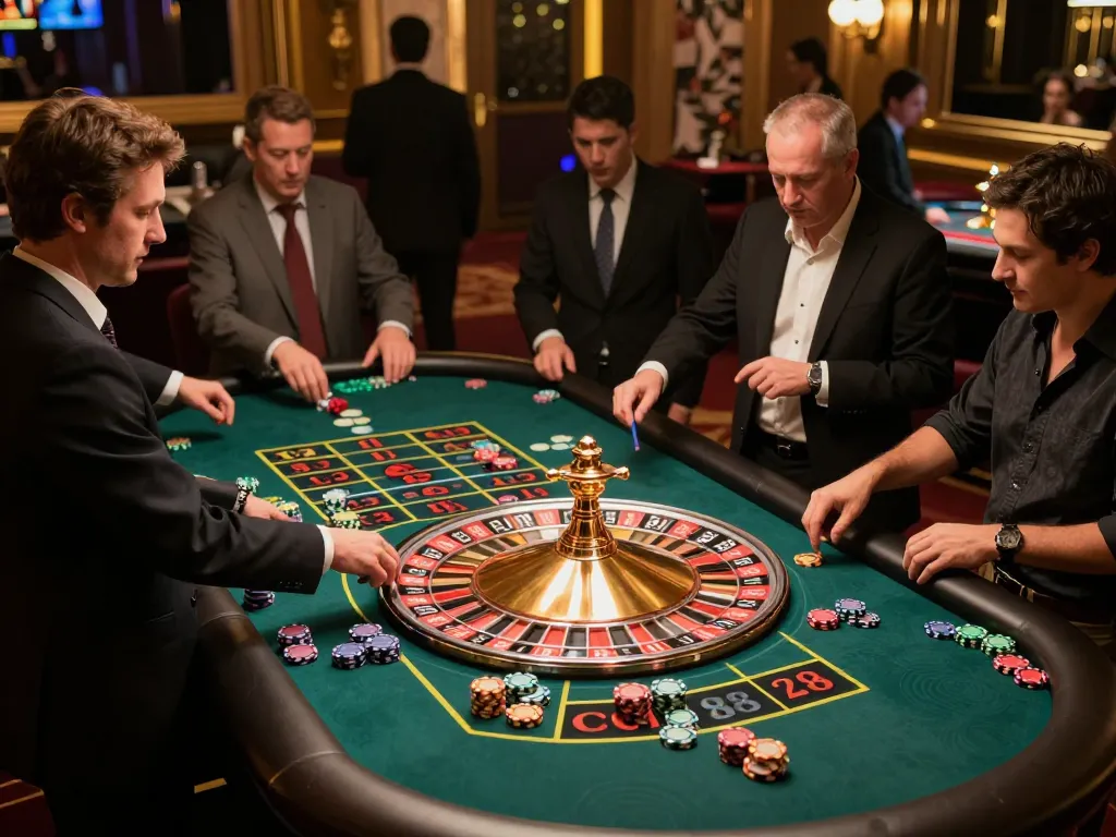 Players engaging in high-stakes roulette at QQ88 casino, showcasing vibrant chips and dynamic atmosphere