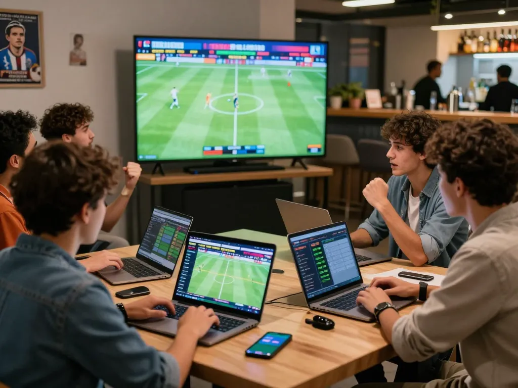 Exciting 1gom betting scene with friends analyzing live football matches