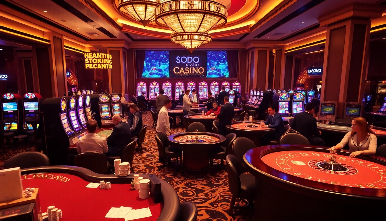 SODO CASINO players engaging in an exciting game of poker surrounded by luxury and vibrant slot machines.