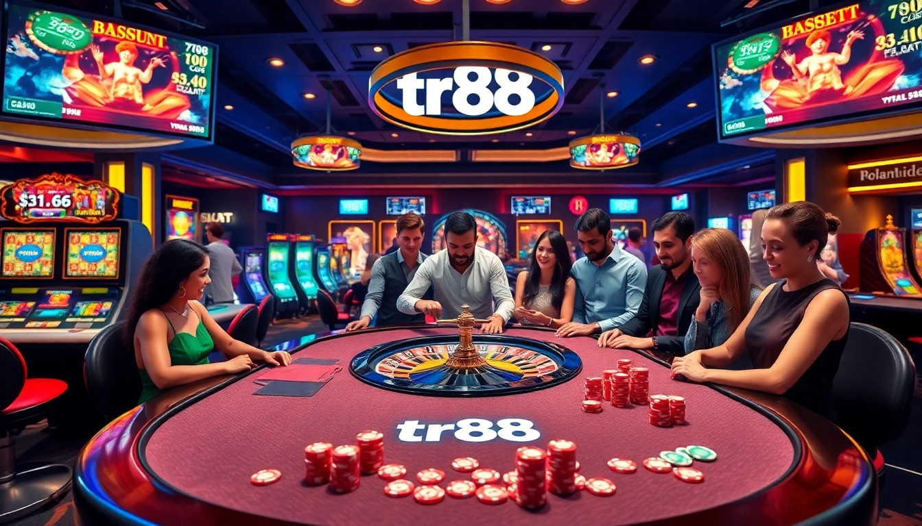 Experience the thrill of tr88 with vibrant casino tables and excited gamblers.