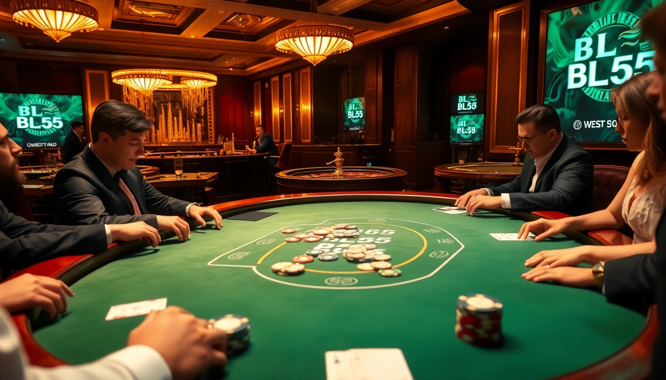 Exciting poker gameplay at BL555 casino with elegant players and vibrant atmosphere.