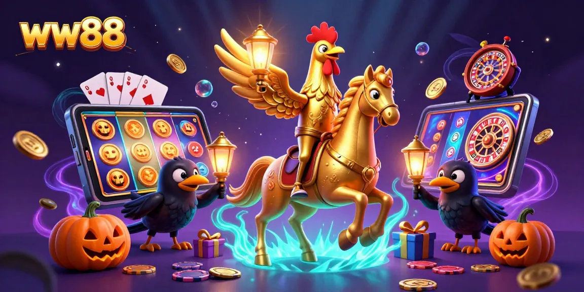 Experience thrilling gameplay with ww88, featuring a golden rooster and spectral horse in a dynamic casino setting.