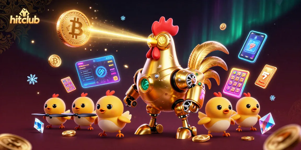 Hitclub showcases a golden rooster robot in a vibrant casino scene filled with jackpots and cryptocurrencies.
