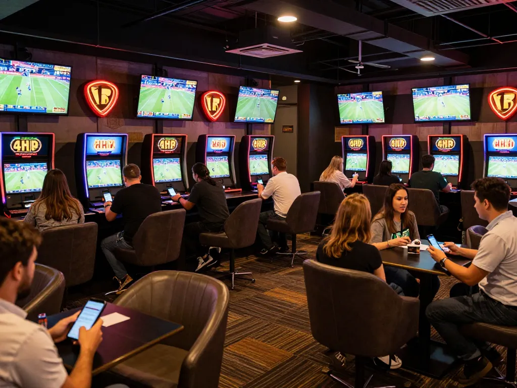 Patrons placing bets at the vibrant sports betting lounge, experiencing man88ink's exciting gaming atmosphere.