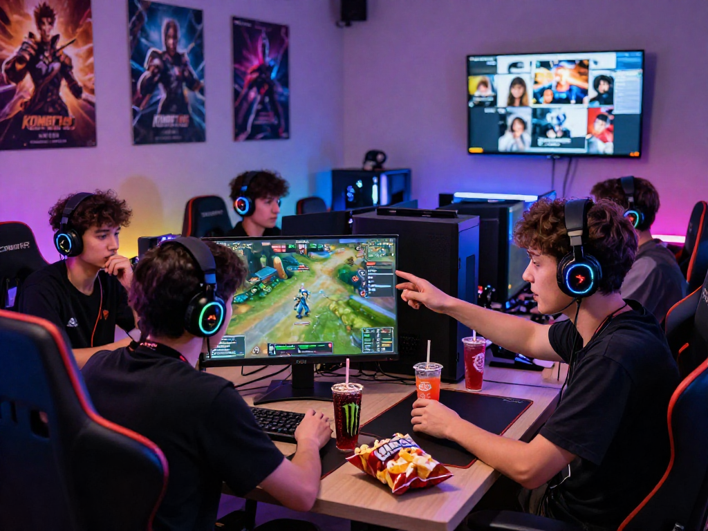 Group of gamers enjoying KOMBET168 live stream with high-end PCs and snacks.