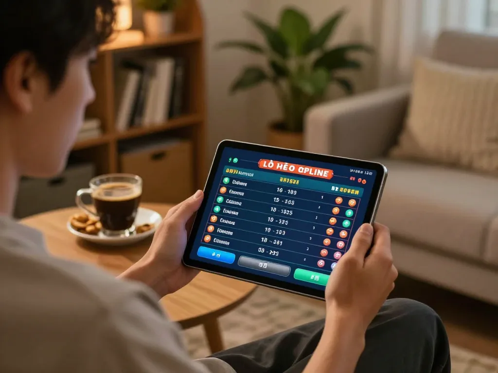 Engaging in lô đề online gaming at home with tablet, cozy atmosphere and strategic focus.