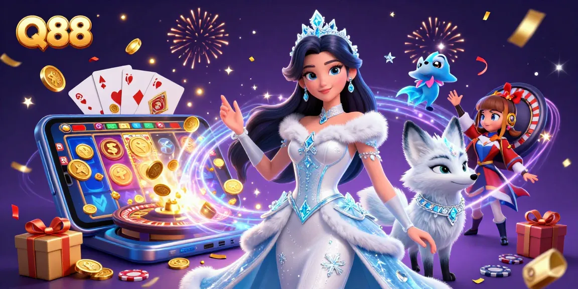 Spin to win with Q88 in this vibrant casino-themed illustration featuring exciting games and characters.