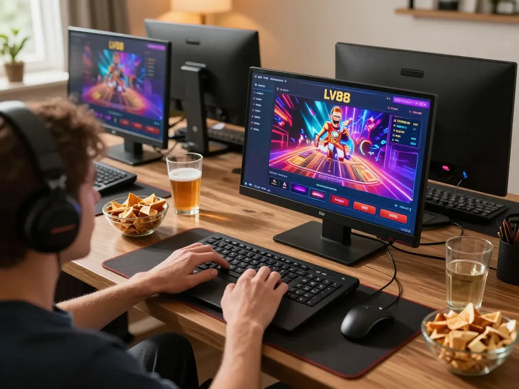 Player enjoying online gaming at LV88 with engaging interface and warm home atmosphere.