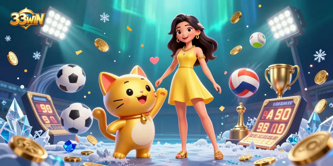 Engage in thrilling gameplay at 33WIN featuring a cheerful woman and a golden lucky cat amidst vibrant sports elements.
