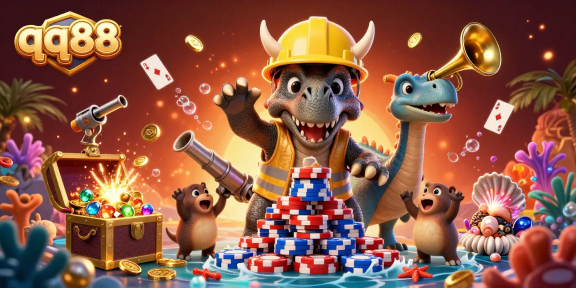 qq88 creates excitement in a vibrant 3D world with animated characters celebrating gambling wins.
