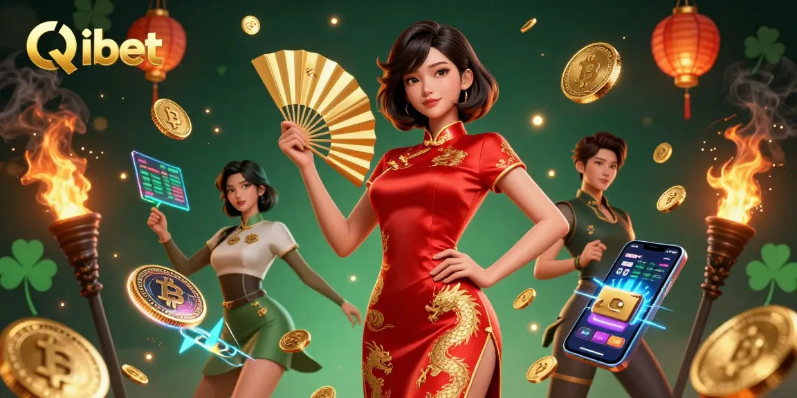 Bet on Qibet's thrilling games, surrounded by a vibrant scene of coins and crypto elements.