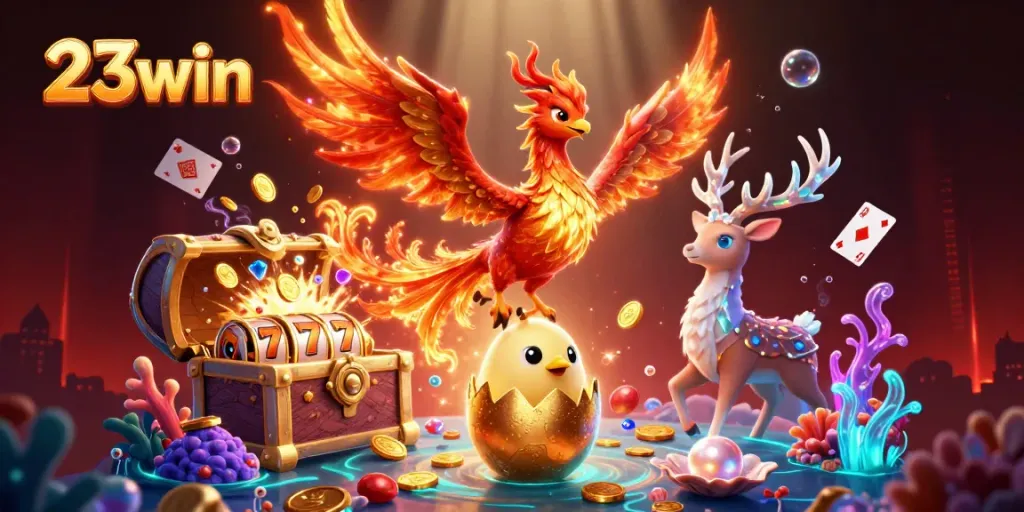 Experience thrilling rewards at 23win with the dazzling phoenix and vibrant slots illustration.