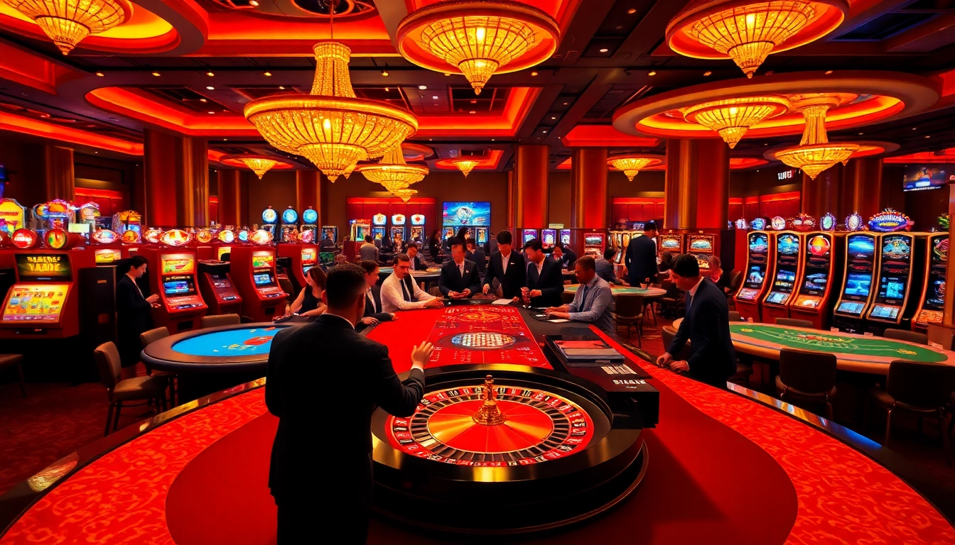 Exciting casino scene showcasing tables and games at hz88mie.com with vibrant colors and professional dealers.