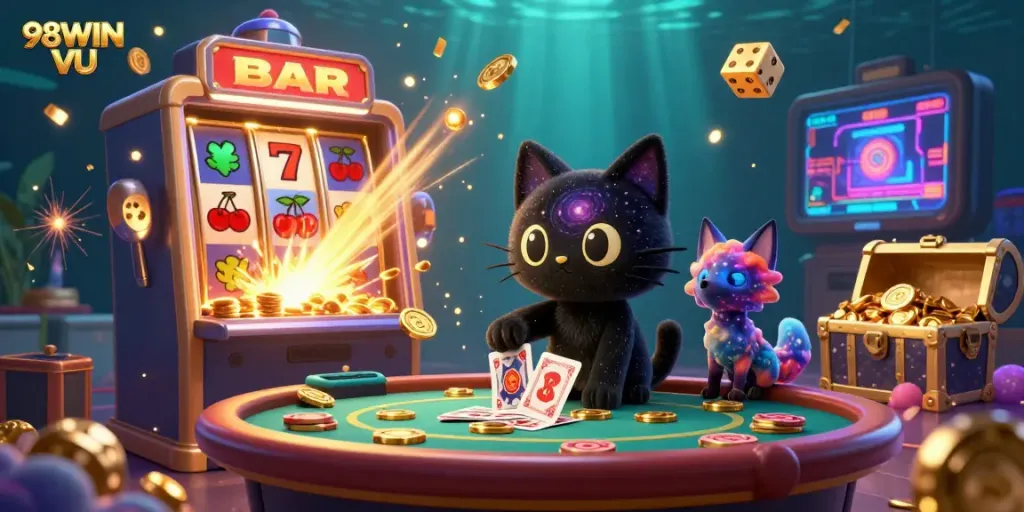 Engage with the vibrant fun at 98WIN VU, showcasing a cosmic casino table surrounded by enchanting characters.