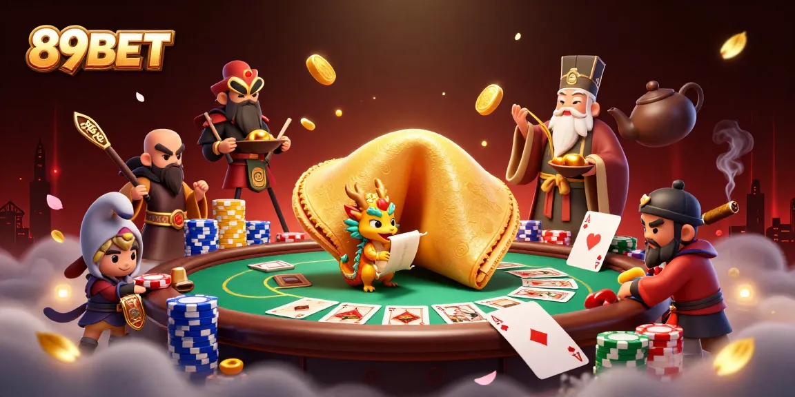 89BET players enjoying a vibrant casino scene with a golden fortune cookie, poker chips, and cards.