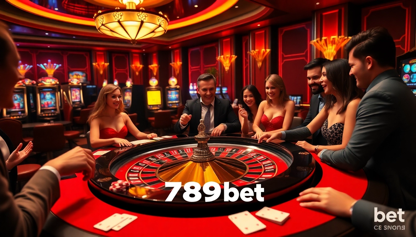 Exciting casino scene showcasing 789bet with roulette table, chips, and gamblers.