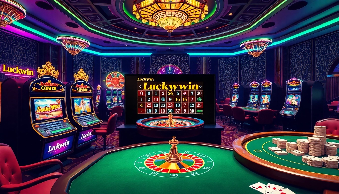 Luckywin casino scene showcasing vibrant slot machines and poker tables.