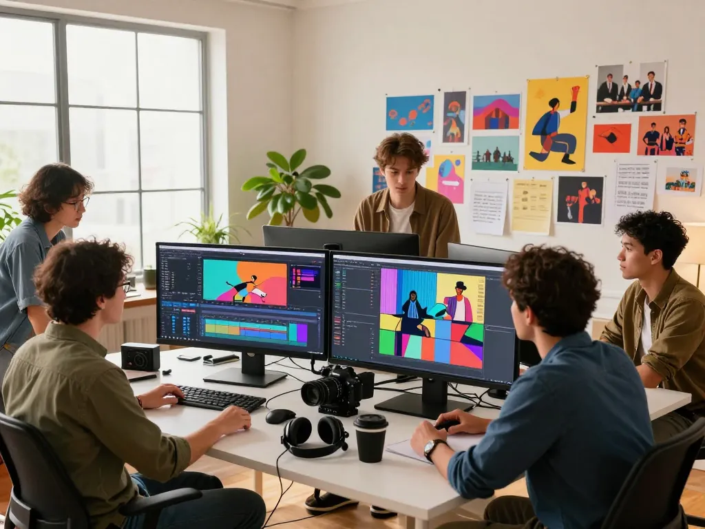 Creative video production team using ai seedance 2.0 software in a dynamic studio.