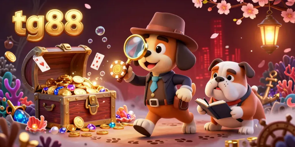 Follow the tg88 detective and bulldog as they investigate a treasure-filled casino scene.