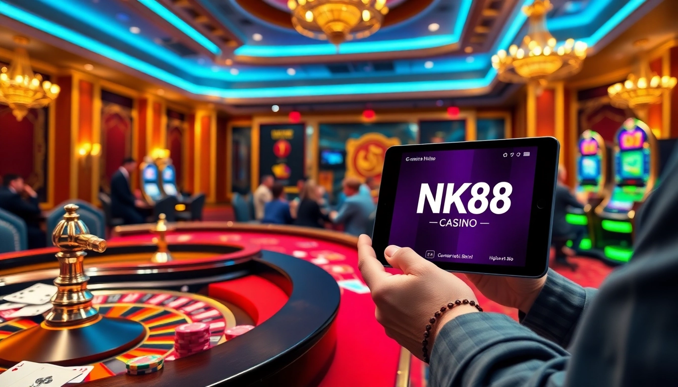 Exciting casino experience highlighting https://nk88zz.bio/ with vibrant tables, poker chips, and digital gambling.