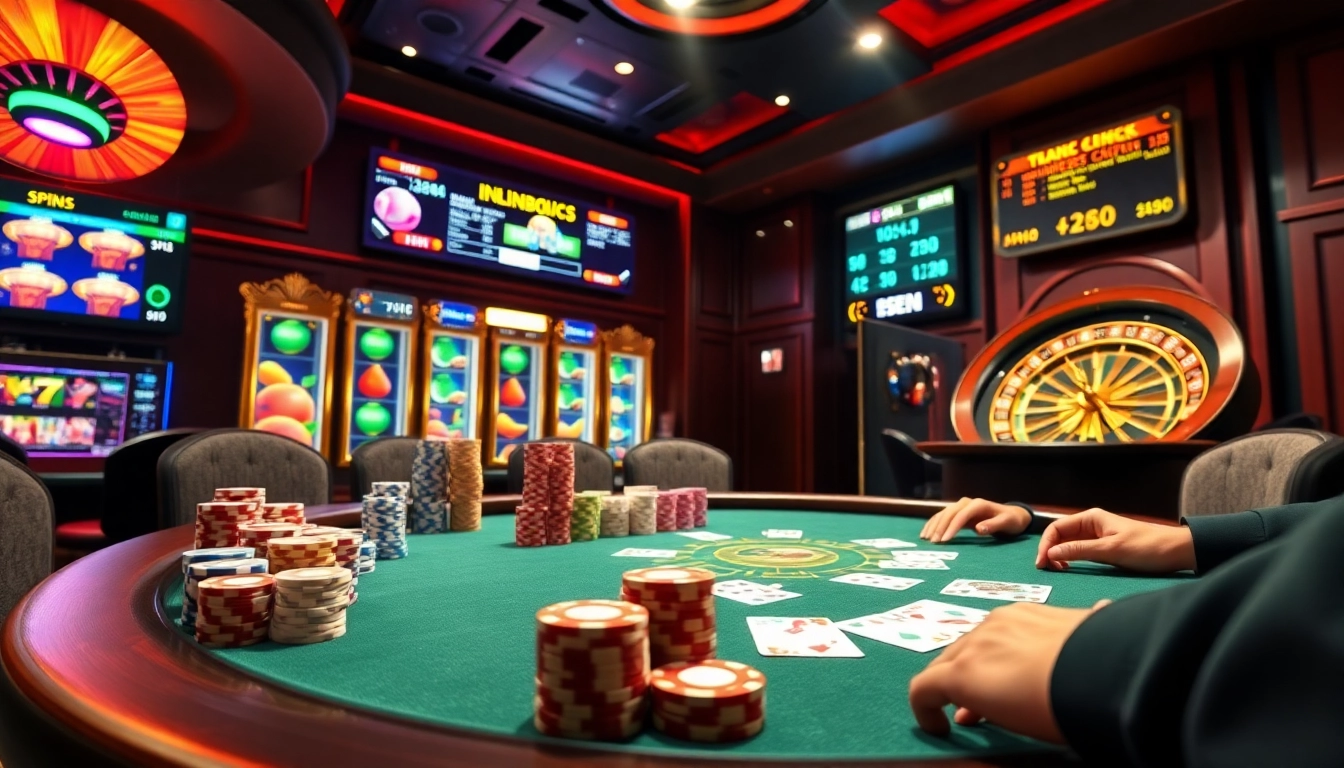 Exciting casino experience at https://888p.se.net/, featuring a vibrant poker game with colorful chips and spinning slots.