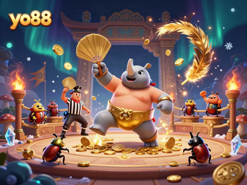 Experience thrilling gameplay with yo88 as a 3D beetle champion triumphantly stomps, sending gold flying in a vibrant casino scene.