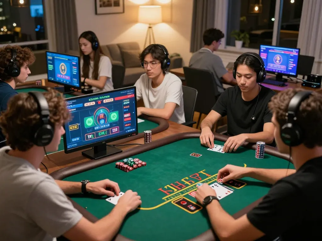 Engaged players strategizing in live-dealer blackjack on trang chủ rr88, showcasing a modern gaming setup.