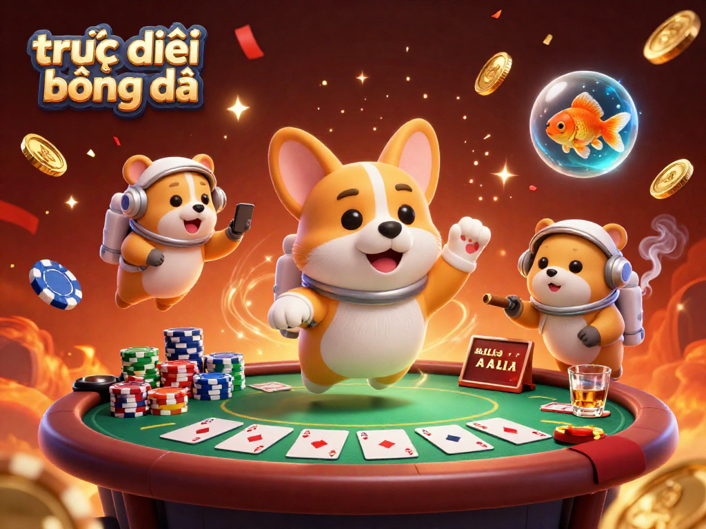 Experience trực tiếp bóng đá action with a playful astronaut corgi in a vibrant casino scene.