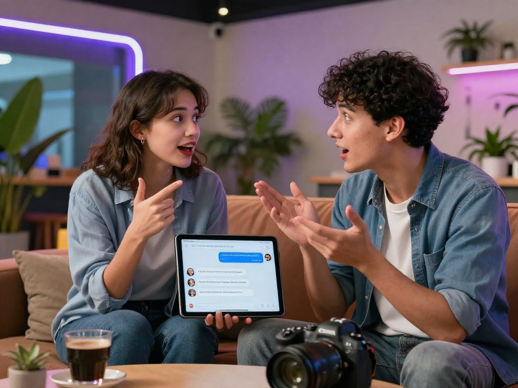 Engaging AI chat porn interaction showcasing two users, technology and creativity in a vibrant setting.