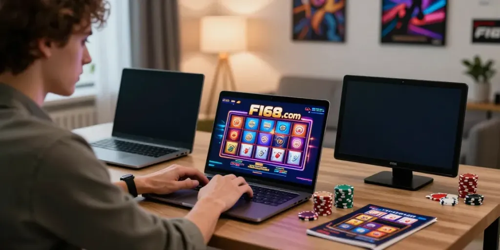 Engaging with f168.com in a vibrant online gambling environment, showcasing colorful slot graphics and poker chips.