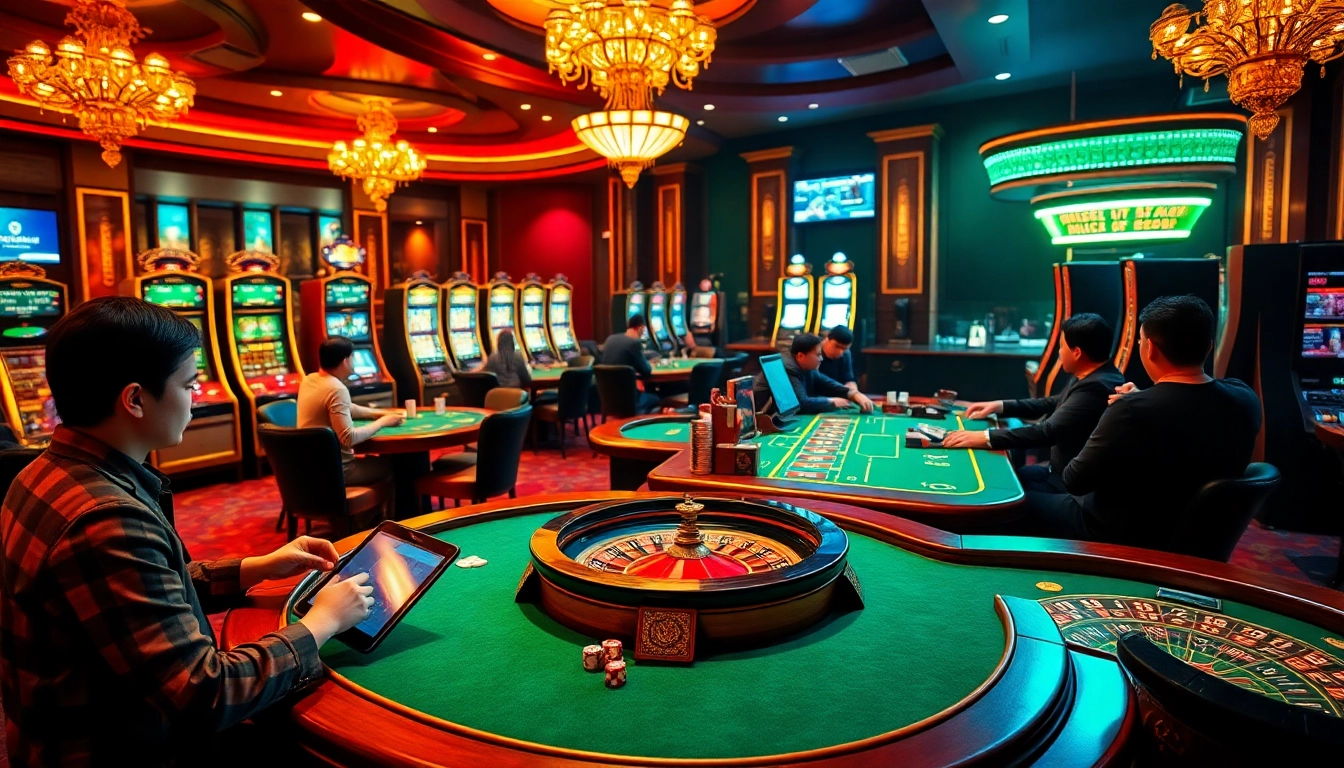 Players enjoying a vibrant gambling scene at 9bet.com, featuring poker tables and slot machines.