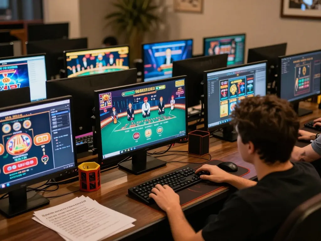 Engaging scene of online play with link 58win displayed on multiple screens showcasing casino and blackjack.