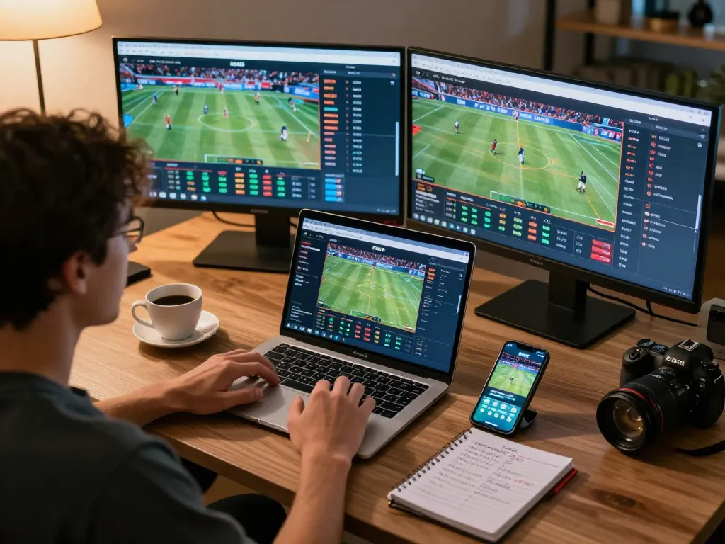 Person engaged in sports betting on 88CLUB interface at home office desk, enhancing strategic gameplay.