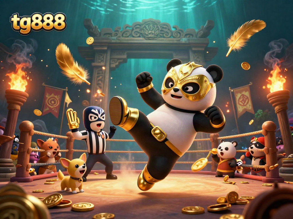 Engage in thrilling action with tg888 as the panda wrestler takes flight amid excitement.