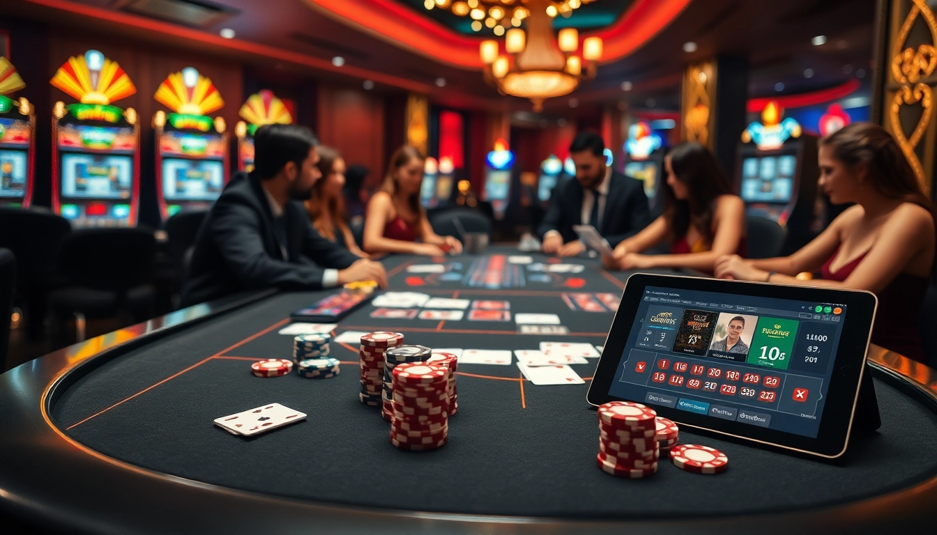 Engage in high-stakes action with nhà cái fly88, featuring a modern casino setup, poker chips, and online betting interfaces.