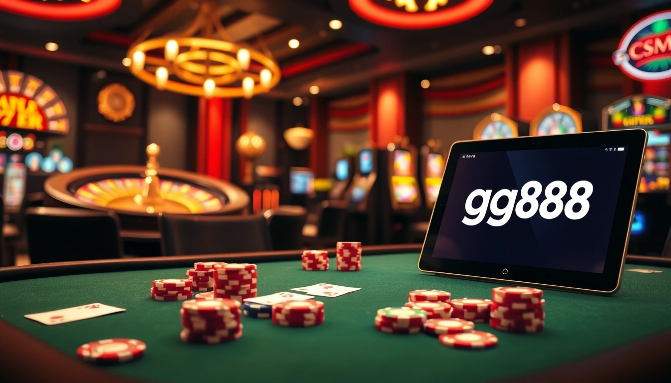 Players at a casino table enjoying games with the link gg88 prominently displayed on a tablet interface.