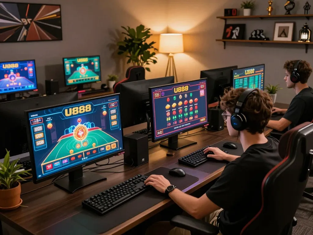 Engaging in U888 online casino gaming with multiple screens showing live dealer games and betting strategies in a modern setup