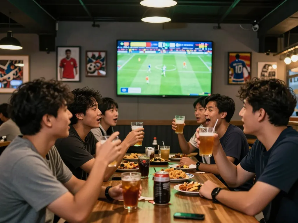 Cá độ bóng đá enthusiasts enjoying a lively match at a sports bar.