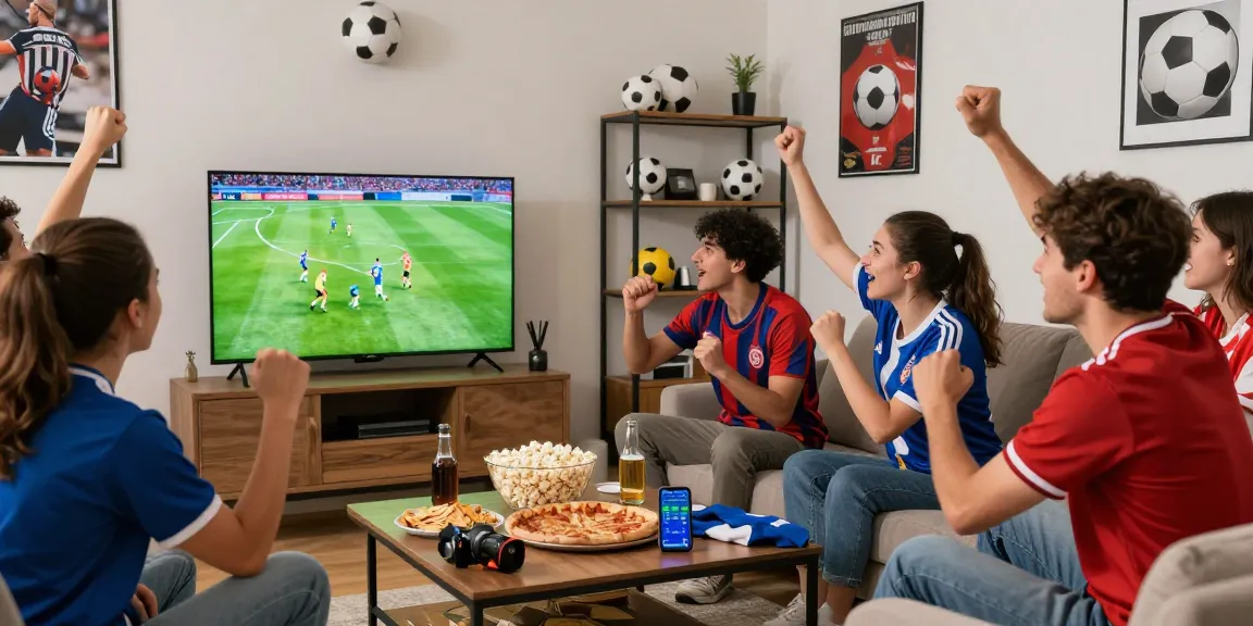 Friends enjoying a live football match on CakhiaTV in a vibrant living room.