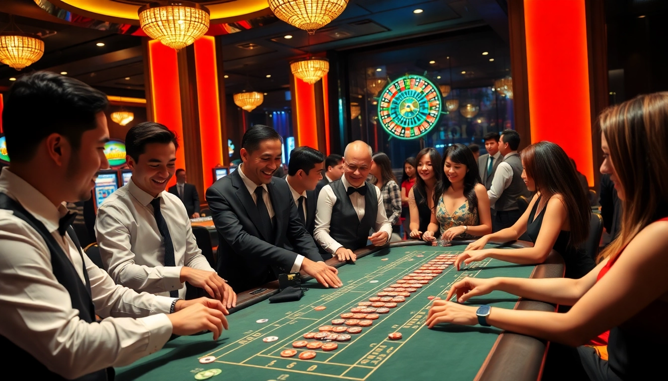 Engaging players at Nhà cái TG88 casino table amidst vibrant gaming environment.