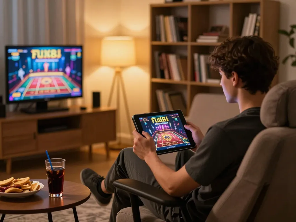Engaged user playing fun88 online casino on tablet with warm, inviting lighting