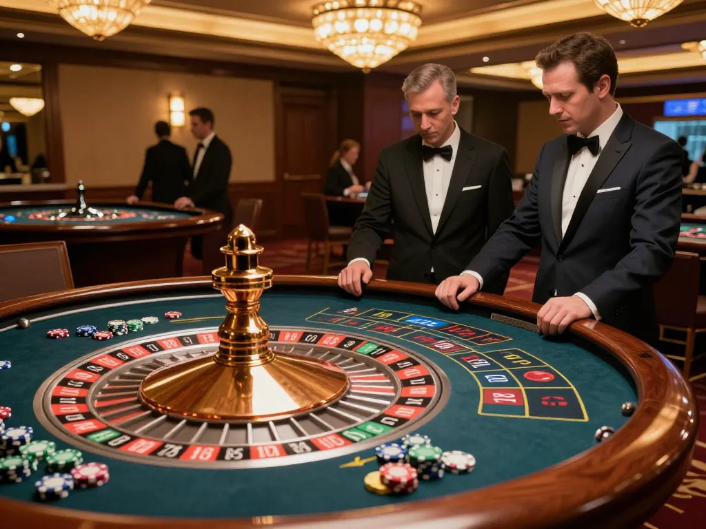 Players engage at a vibrant roulette table, placing bets while enjoying an upscale 33WIN casino experience.
