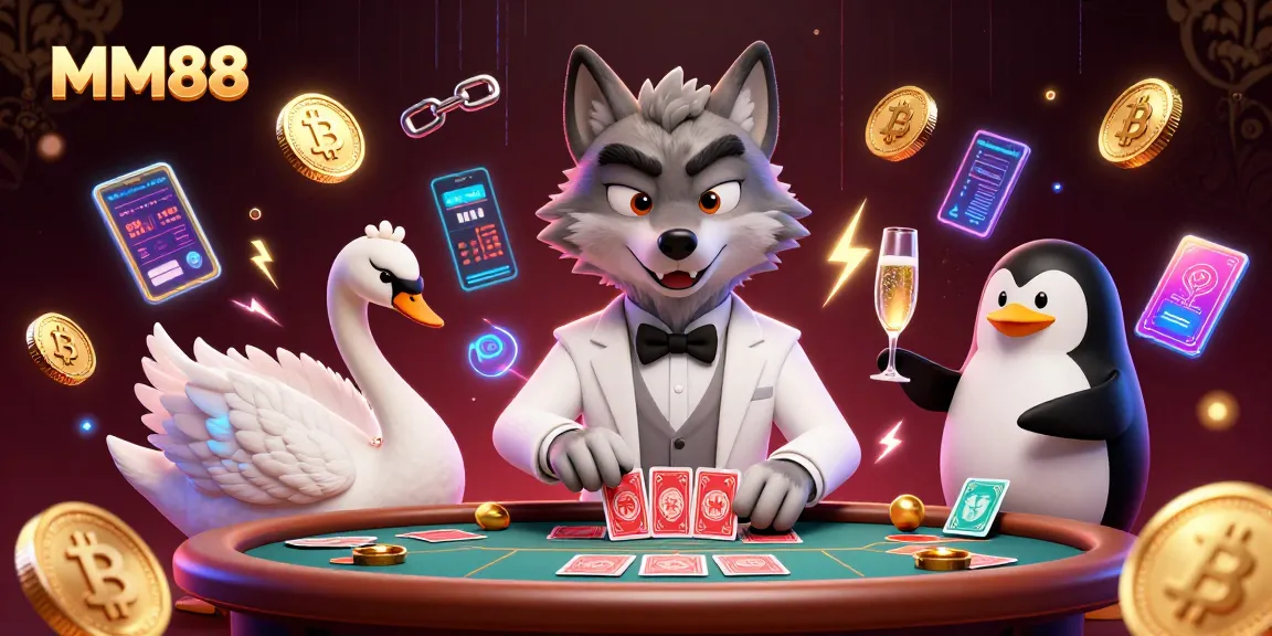 Win big at MM88 with a charming wolf, elegant swan, and sommelier in a vibrant casino scene full of energy.