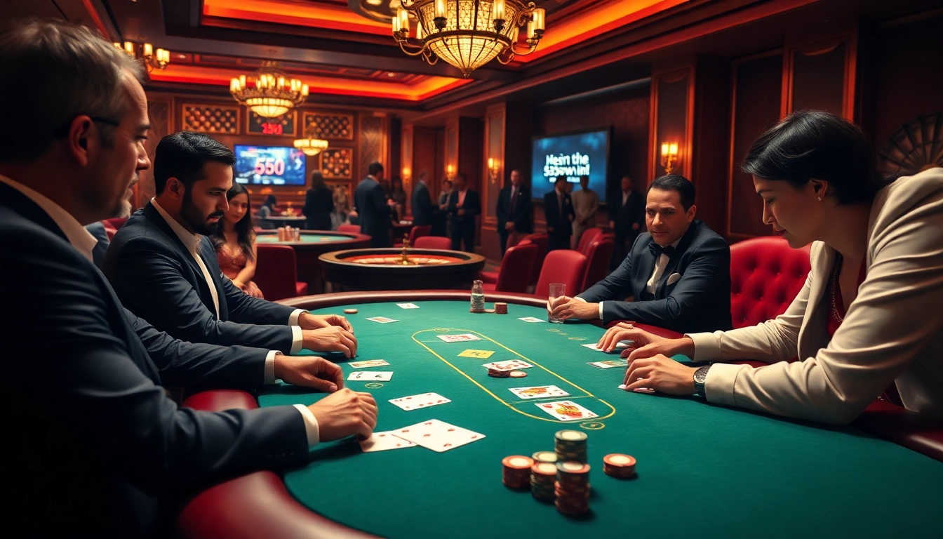 Engage in high-stakes poker action at https://555w.in/ with players, chips, and a roulette wheel.