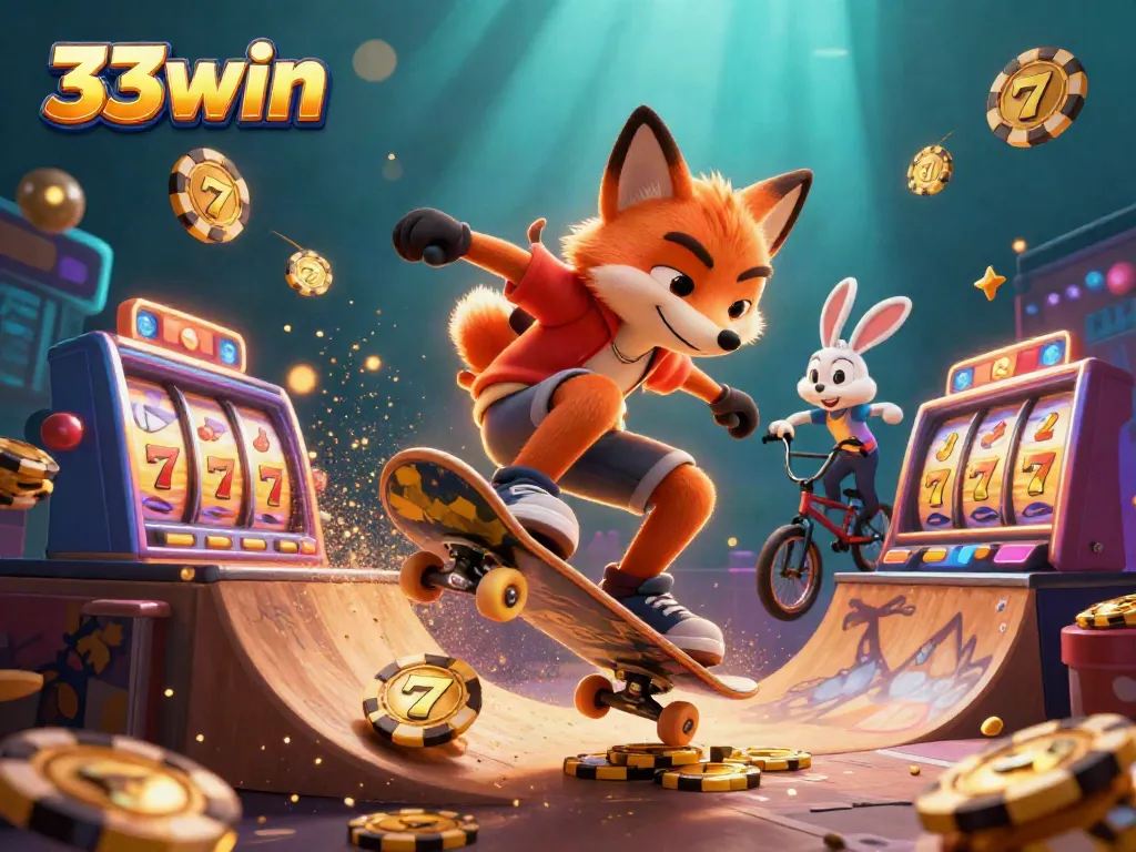 33win cartoon action scene with a skateboarder fox and BMX rabbit surrounded by casino elements.