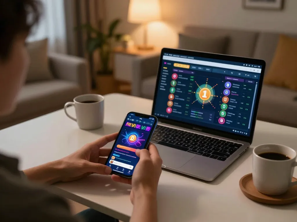 Player enjoying rikvip mobile gaming on smartphone at home, showcasing an engaging interface and cozy atmosphere