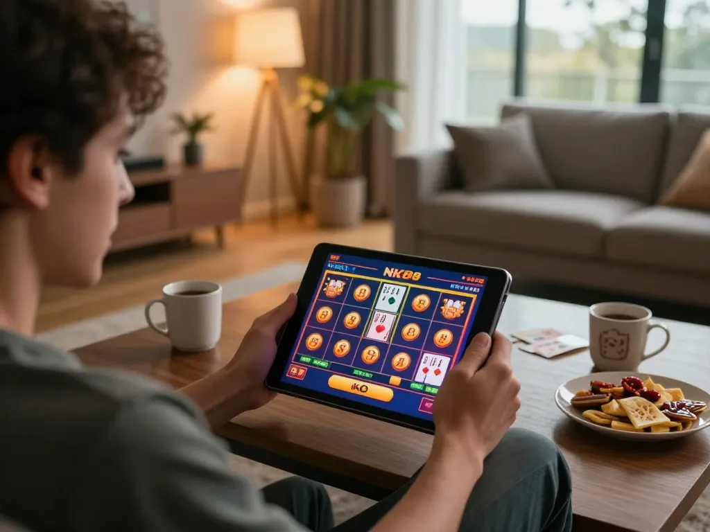 Engaging in online gambling at NK88 win, with vibrant game displays on a tablet in a cozy home setting.