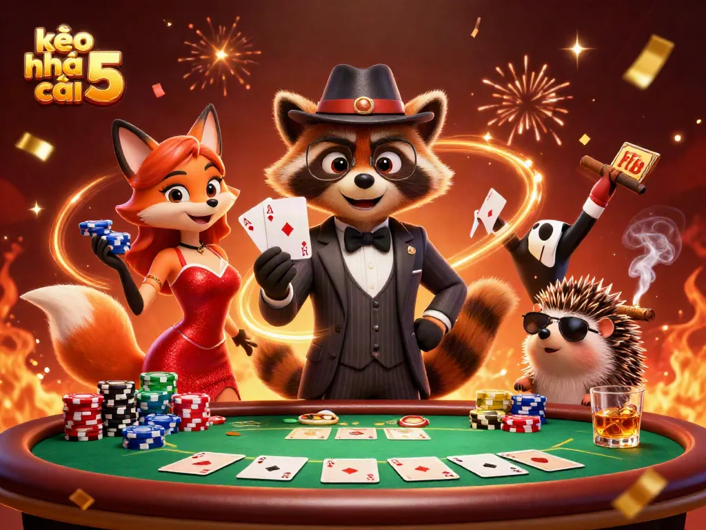 Engage with kèo nhà cái 5 action as a suave raccoon plays poker amidst a festive casino atmosphere.